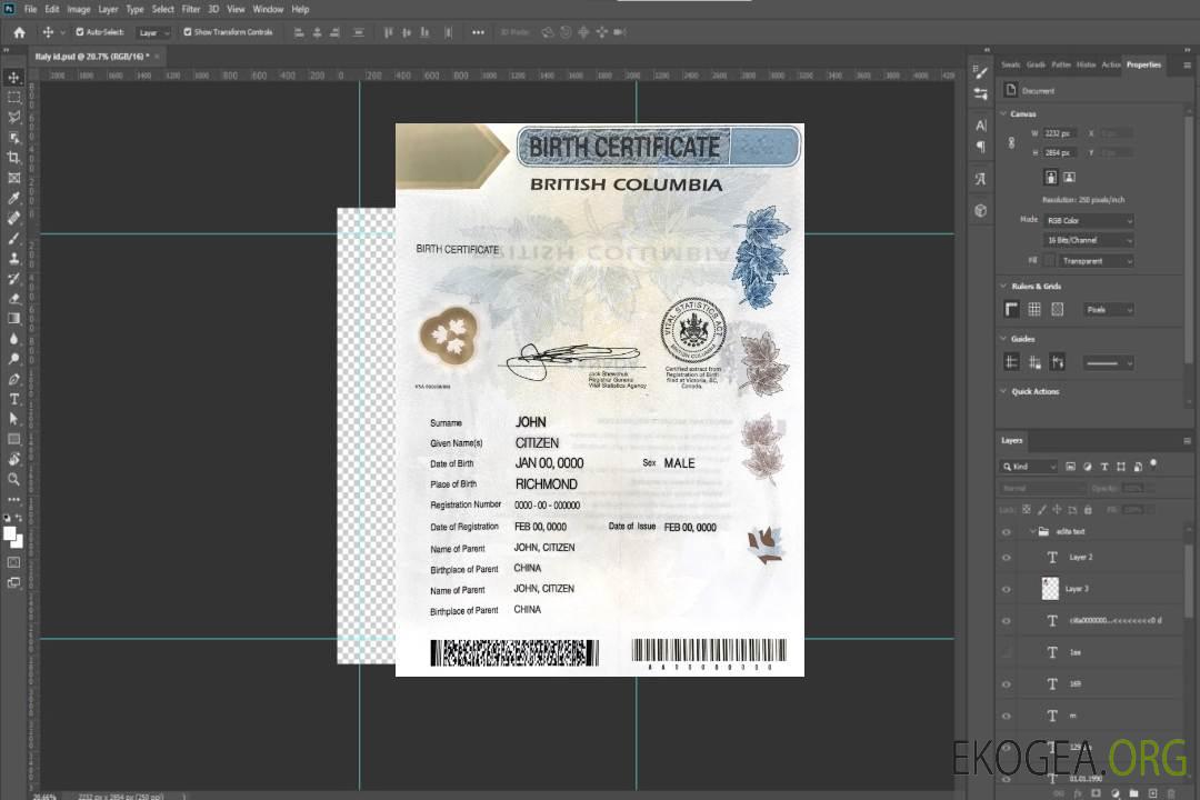 Modèle de certificat de naissance Canada Colombie-Britannique en PSD template Modèle de certificat de naissance Canada Colombie-Britannique en PSD template